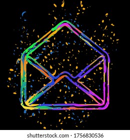 mail open icon. Colored ink with splashes on black background