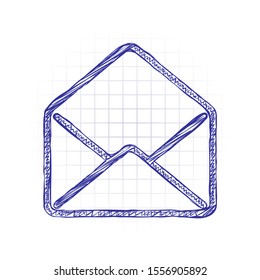 mail open icon. Hand drawn sketched picture with scribble fill. Blue ink. Doodle on white background