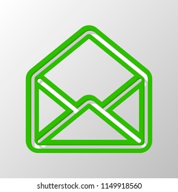 mail open icon. Paper style. Cut symbol with green bold contour on shape and simple shadow