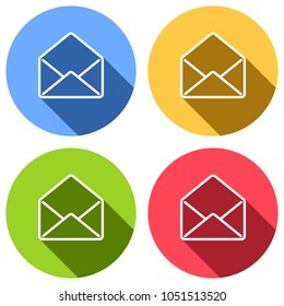 mail open icon. Set of white icons with long shadow on blue, orange, green and red colored circles. Sticker style