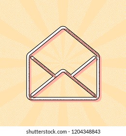 mail open icon. Vintage retro typography with offset printing effect. Dots poster with comics pop art background