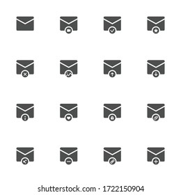 Mail operations  flat icons in gray. Set of 16 pieces.