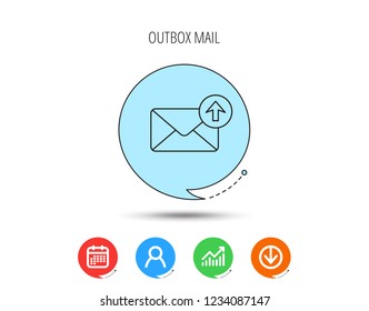 Mail outbox icon. Email message sign. Upload arrow symbol. Calendar, User and Business Chart, Download arrow icons. Speech bubbles with flat signs. Vector