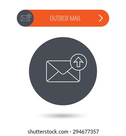 Mail outbox icon. Email message sign. Upload arrow symbol. Gray flat circle button. Orange button with arrow. Vector