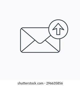 Mail outbox icon. Email message sign. Upload arrow symbol. Linear outline icon on white background. Vector
