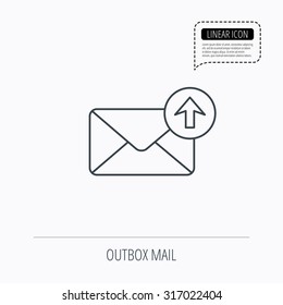 Mail outbox icon. Email message sign. Upload arrow symbol. Linear outline icon. Speech bubble of dotted line. Vector