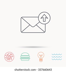 Mail outbox icon. Email message sign. Upload arrow symbol. Global connect network, ocean wave and burger icons. Lightbulb lamp symbol.