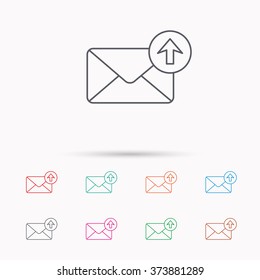 Mail outbox icon. Email message sign. Upload arrow symbol. Linear icons on white background.