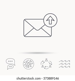 Mail outbox icon. Email message sign. Upload arrow symbol. Global connect network, ocean wave and chat dialog icons. Teamwork symbol.