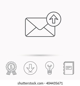 Mail outbox icon. Email message sign. Upload arrow symbol. Download arrow, lamp, learn book and award medal icons.