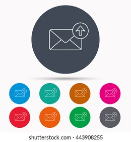 Mail outbox icon. Email message sign. Upload arrow symbol. Icons in colour circle buttons. Vector