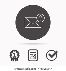 Mail outbox icon. Email message sign. Upload arrow symbol. Report document, winner award and tick. Round circle button with icon. Vector