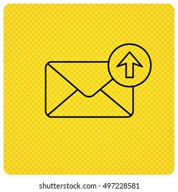 Mail outbox icon. Email message sign. Upload arrow symbol. Linear icon on orange background. Vector