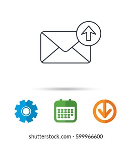 Mail outbox icon. Email message sign. Upload arrow symbol. Calendar, cogwheel and download arrow signs. Colored flat web icons. Vector