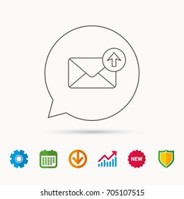 Mail outbox icon. Email message sign. Upload arrow symbol. Calendar, Graph chart and Cogwheel signs. Download and Shield web icons. Vector