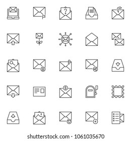 Mail outline icons set. linear style symbols collection, line signs pack. vector graphics. Set includes icons as Laptop with a letter envelope, Email message , Unknown email, Archive mail box 