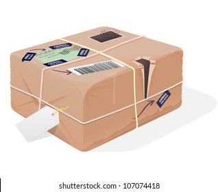 Mail Package Illustration - Classic post box well packed in brown cardboard and ready for transport