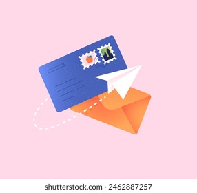 Mail and paper airplane. Sending letters, post, correspondence concept. Postal service, fast mail delivery. Envelope with postage stamps and address. Isolated flat vector illustration