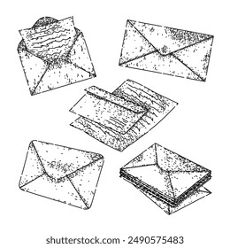 conjunto de papel de correo dibujado a mano. mensaje post, e abierto, sobre de tarjeta de correo Vector de papel boceto. ilustración aislada en negro