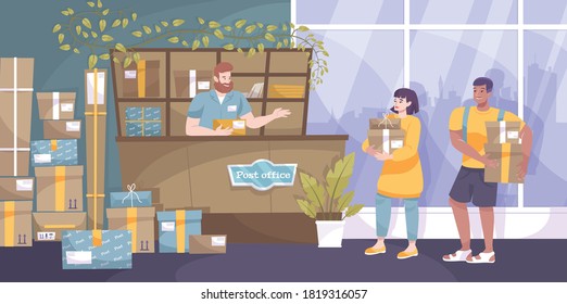 Mail parcel flat composition with indoor view of post office with senders and employee at counter vector illustration