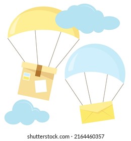 A mail parcel on a parachute flies in the sky