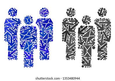 Mail people icon collage of envelopes and arrows with blue color. Abstract vector people illustration is designed with mail motion symbols. Flat design for post motion templates.