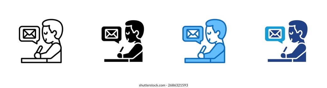 Mail Person Multiple Style Icon Design Vector - Person, die mit Umschlag schreibt, symbolisiert das Verfassen von Nachrichten, Textentwürfen oder E-Mails