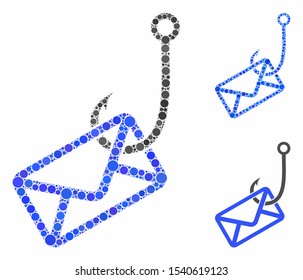 Mail phishing hook composition of filled circles in variable sizes and color tints, based on mail phishing hook icon. Vector random circles are composed into blue mosaic.