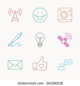 Mail, photo camera and lightbulb icons. Pen, GPS and telecommunication linear signs. FAQ, like and smile icons. Linear colored icons.