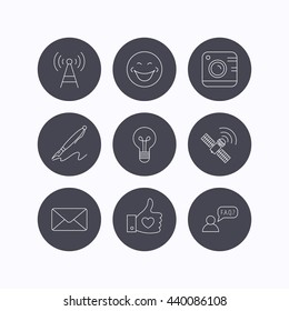 Mail, photo camera and lightbulb icons. Pen, GPS and telecommunication linear signs. FAQ, like and smile icons. Flat icons in circle buttons on white background. Vector