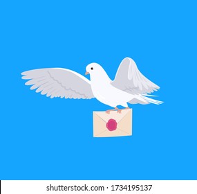 Mail pigeon. A beautiful white pigeon holding a letter envelope. The concept of delivery of letters and news.