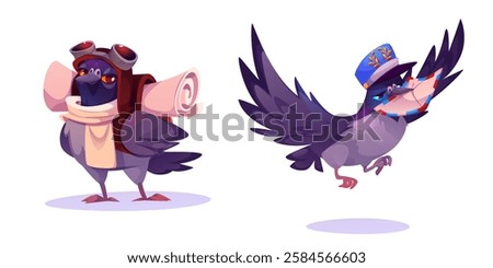 Mail pigeons set isolated on white background. Vector cartoon illustration of cute doves carrying letters in bag and beak, wearing mailman uniform, symbol of messenger, post service, message delivery