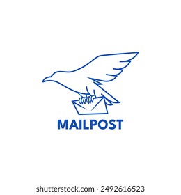 Mail Post logo, featuring a blue stylized eagle carrying an envelope, on a white background. representing efficient postal service. Perfect for a tech-forward mail or courier company.