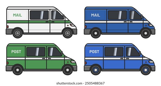 mail post service delivery van car side view vector flat illustration