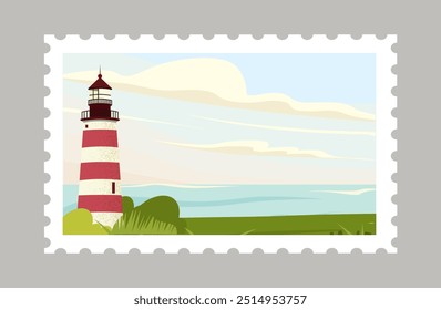 Carimbo postal. Vintage selo com farol na costa do mar. Selo retro para envelope. Correspondência e comunicação. Correio e serviço postal. Ilustração de vetor plano isolada no plano de fundo cinza