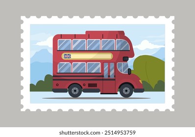 Carimbo postal. Carimbo antigo com ônibus vermelho na estrada. Selo retro para envelope. Correspondência e comunicação. Modelo e layout. Ilustração de vetor plano isolada no plano de fundo cinza