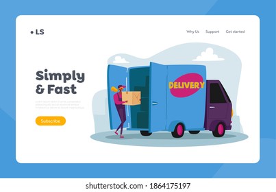 Mail, Postage Package Transportation Service Landing Page Template. Courier Female Character Loading Parcel Box in Truck for Delivery to Clients. Post Office Warehouse. Cartoon Vector Illustration