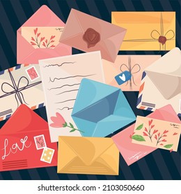 mail and postage stamps in envelopes