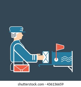 Mail and postal service concept. Vector flat and line illustration with postman or postwoman, with letter, correspondence and mailbox. 