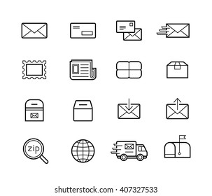 Mail and postal service icon set. Fast delivery for physically transporting documents and small packages. Shipping vector icons for logistic company.