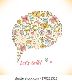 Mail poster with speech bubble. Cute post card with letters, camera, fruits, and other elements
