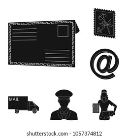 Mail and postman black icons in set collection for design. Mail and equipment vector symbol stock web illustration.