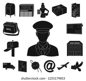 Mail and postman black icons in set collection for design. Mail and equipment vector symbol stock web illustration.