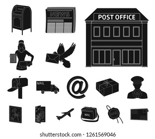 Mail and postman black icons in set collection for design. Mail and equipment vector symbol stock web illustration.