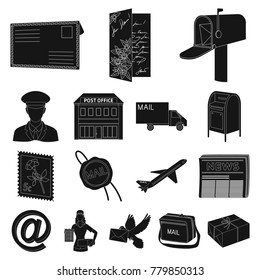 Mail and postman black icons in set collection for design. Mail and equipment vector symbol stock web illustration.