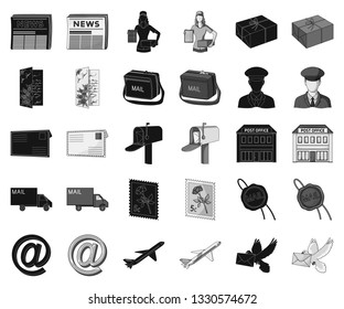 Mail and postman black,monochrome icons in set collection for design. Mail and equipment vector symbol stock web illustration.