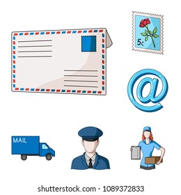 Mail and postman cartoon icons in set collection for design. Mail and equipment vector symbol stock web illustration.