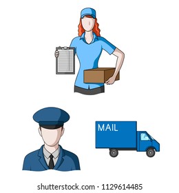 Mail and postman cartoon icons in set collection for design. Mail and equipment vector symbol stock web illustration.