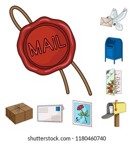 Mail and postman cartoon icons in set collection for design. Mail and equipment vector symbol stock web illustration.