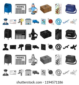 Mail and postman cartoon icons in set collection for design. Mail and equipment vector symbol stock web illustration.